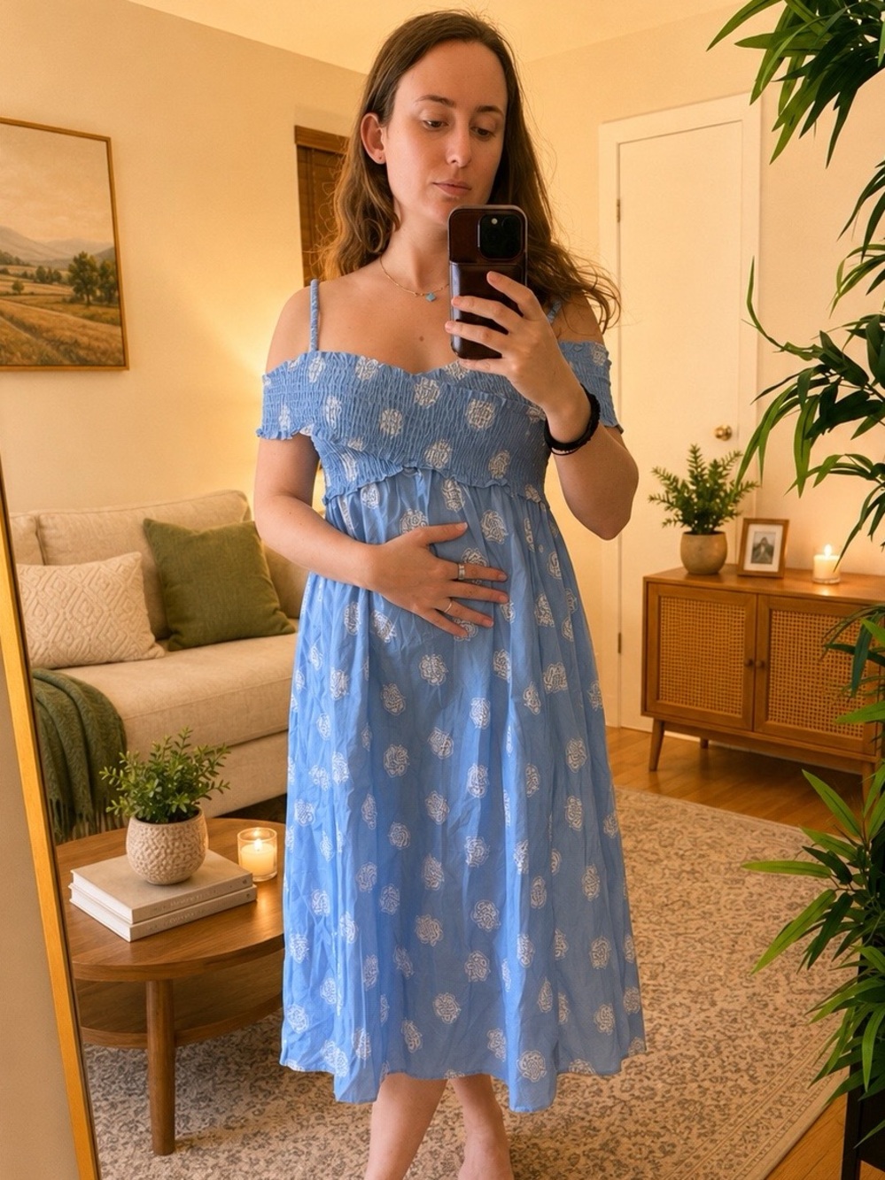 Light Blue Off-Shoulder Midi Dress with Floral Print
